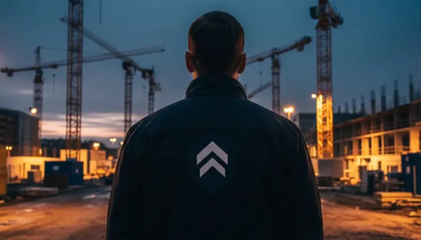 Sicherheitsmitarbeiter von KOMBine Service GmbH bewacht eine Berliner Baustelle bei Abenddämmerung